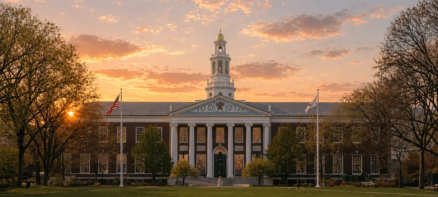 Harvard University clocktower at dusk